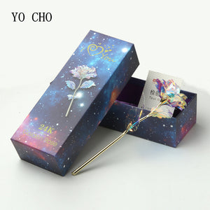 YO CHO Drop Shipping 24K Foil Plated Gold Rose Flowers Glaxy Box Wedding Decor Valentine's Day Creative Gift Golden Rainbow Rose